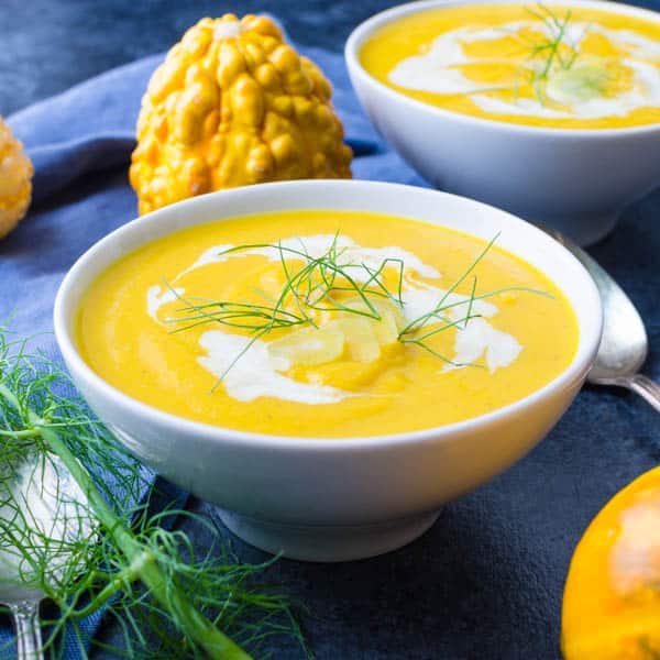 Roasted Butternut Squash Soup with sliced fennel and cream.