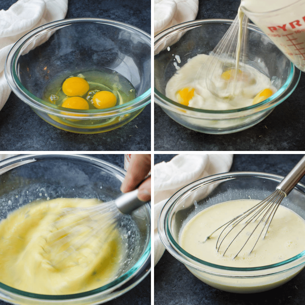 whisking and tempering eggs for savory sweet potato casserole