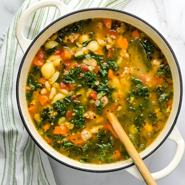 Tuscan Sausage Soup with Pasta, White Beans and Kale | Garlic & Zest