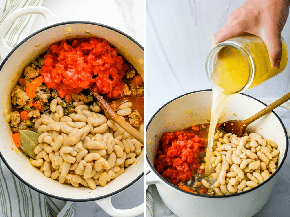 adding tuscan white beans, tomatoes and broth to the pot.