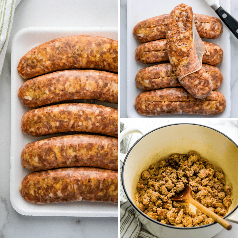 removing casings from the sausages and browning the spicy sausage in a dutch oven.
