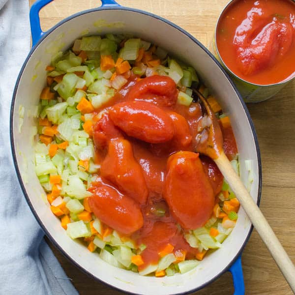 Tomatoes and vegetables in a pot with a spoon.