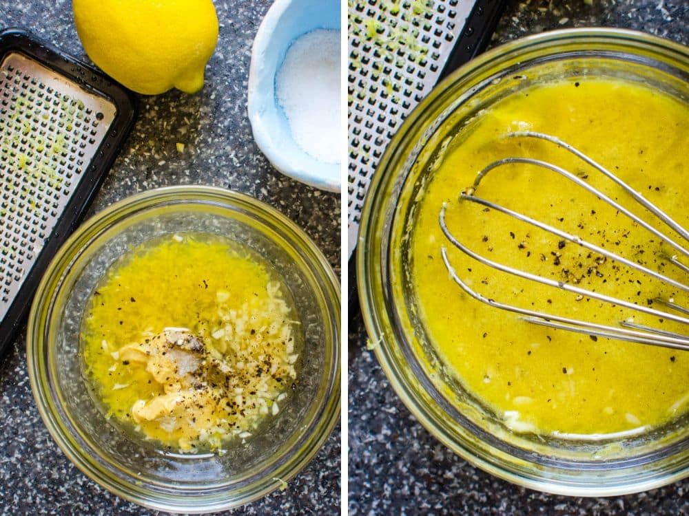 making lemon dressing with a whisk.