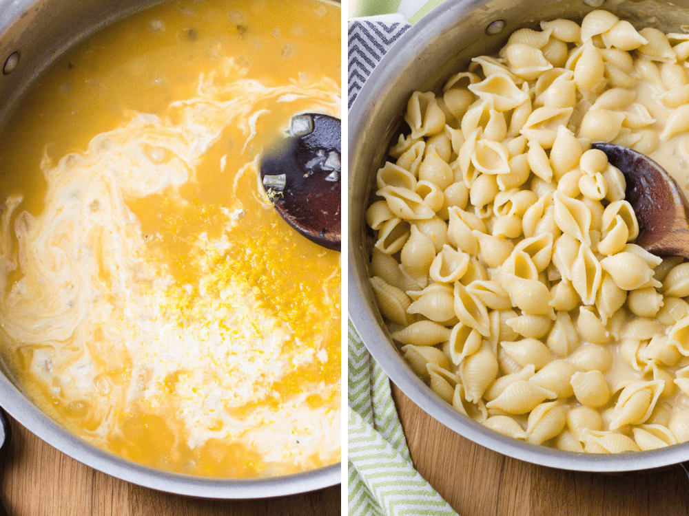 making creamy lemon sauce and adding cooked seashell pasta.