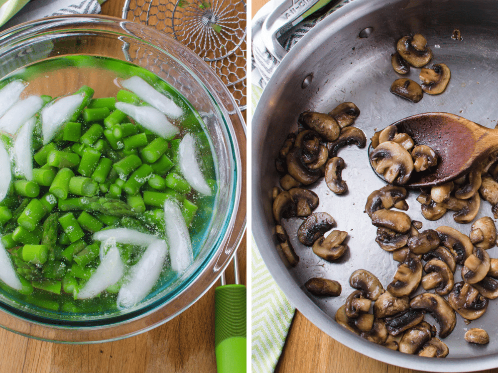 shocking asparagus and sautéing mushrooms for healthy pasta primavera.