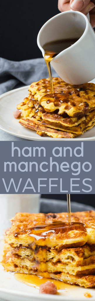 A sweet and savory buttermilk waffle recipe with cornmeal, manchego cheese and diced ham, this breakfast and brunch treat is made for the weekend! Ham and Manchego Waffles are easy to make, too. #waffles, #breakfast #brunch #sweetandsavory #sweetbreakfastrecipe #savorybreakfastrecipe #ham #manchego #cornmealwaffles #buttermilkwaffles #buttermilkwafflerecipe #cornmealwafflerecipe #syrup #breakfastfordinner