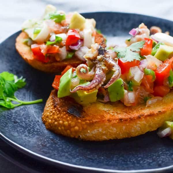 Calamari, Avocado and Grapefruit Bruschetta
