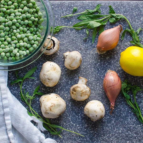 frozen peas, mushrooms, shallots, lemon, herbs