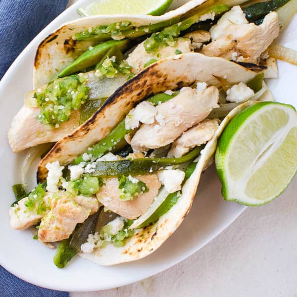 Chicken Soft Tacos with Fresh Tomatillo Salsa with lime