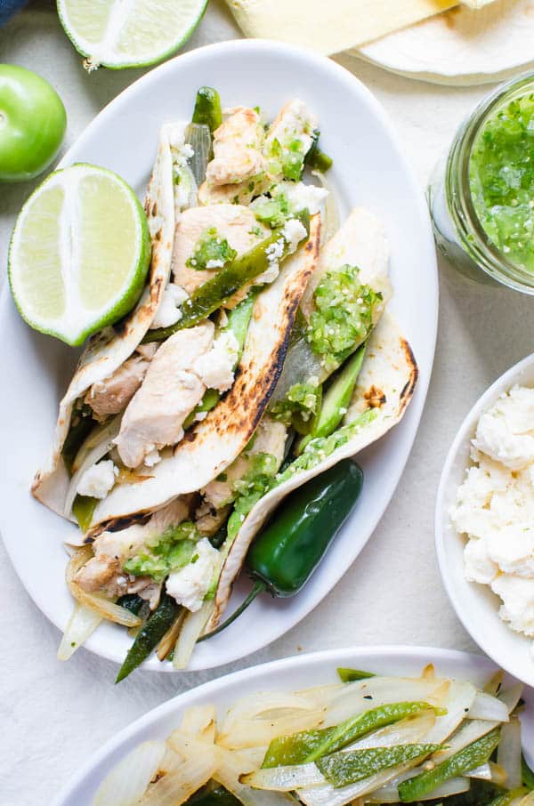 Chicken Soft Tacos with Fresh Tomatillo Salsa on a plate.
