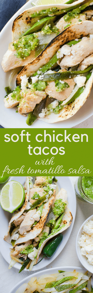 Need a healthy taco recipe? This homemade taco recipe is fresh and light.  Chicken Soft Tacos with Fresh Tomatillo Salsa is an easy, authentic Mexican taco with roasted poblanos & 5-minute sauce.