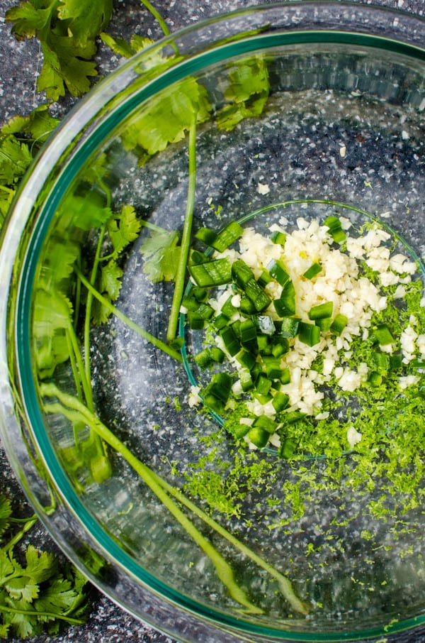 garlic, jalapeno, lime and cilantro for swordfish marinade.
