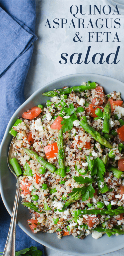 This easy whole grain salad recipe is healthy and filling. Quinoa Asparagus and Feta Salad makes a great vegetarian main course or side dish. #quinoa #asparagus #peas #lemon #lemondressing #feta #salad #quinoasalad #tomatoes #healthyside #healthyvegetarianlunch #vegetarian #vegetarianrecipes 