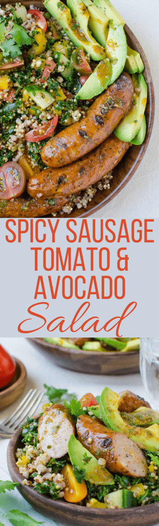 Need a good recipe for kale and quinoa? This Spicy Sausage Tomato and Avocado Salad with a chili lime dressing, hits the spot every time!