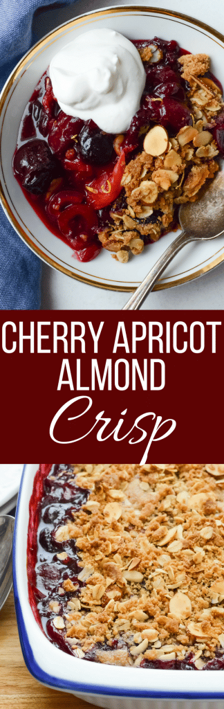 Cherry Apricot Almond Crisp is the best way to use up cherries and apricots. This simple recipe is topped with a heavenly cinnamon oat almond crumble.