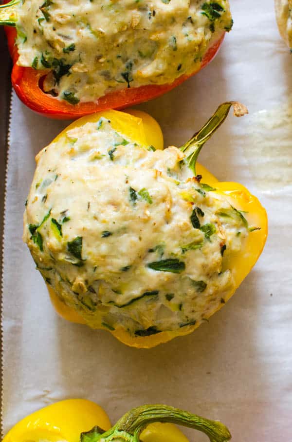 Stuffed Peppers without rice on a sheet pan after baking.