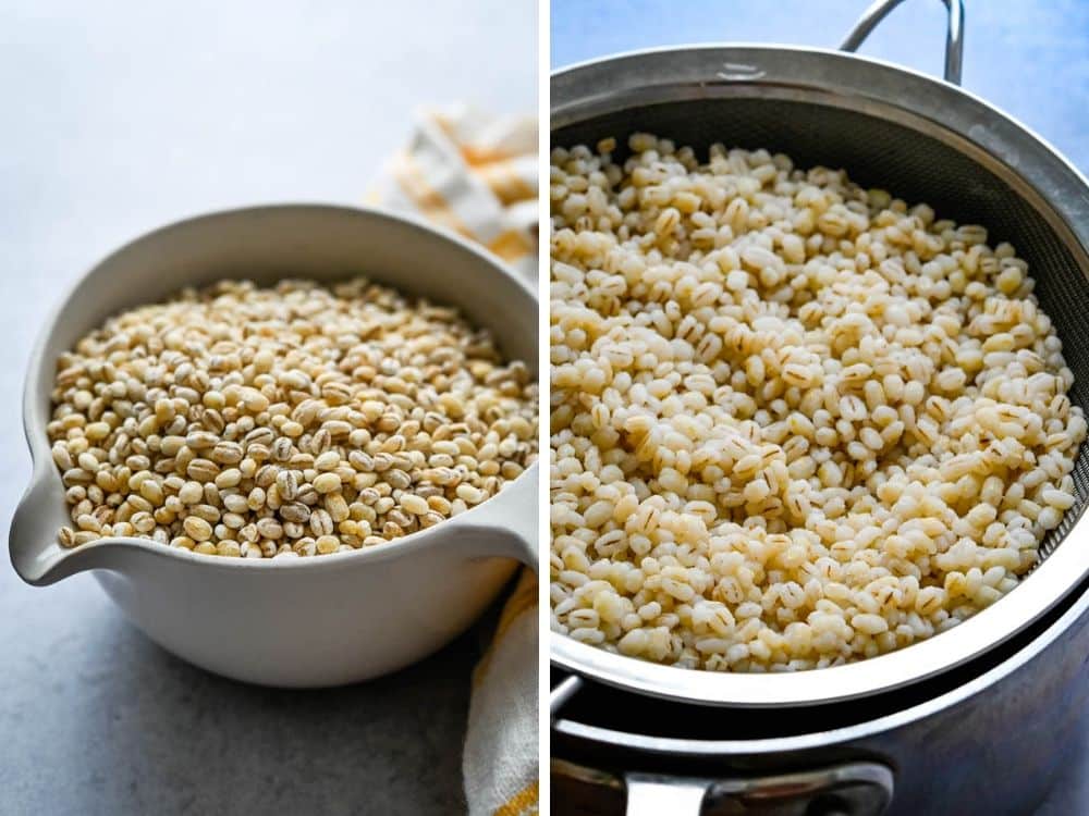 Pearl barley before and after being cooked.