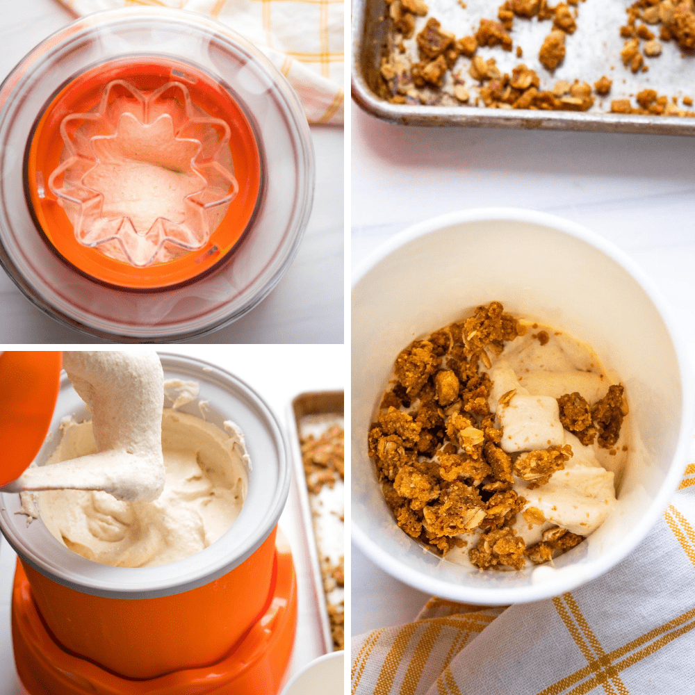 churning homemade peach ice cream in the cuisinart ice cream maker and layering it with crunchy streusel.