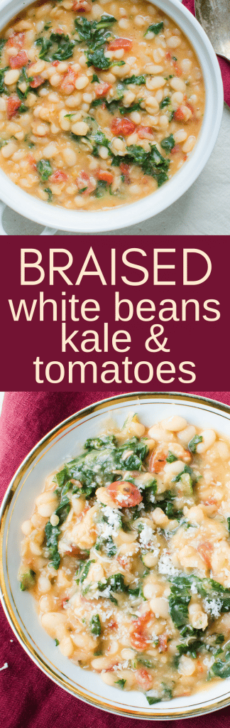 A dried navy bean recipe with kale, tomatoes and a spoonful of duck fat make this a healthy and indulgent side dish. Vegan and Vegetarian options too. #driedbeans #navybeans #kale #tomatoes #sidedish #holidaysidedish #healthysidedish #duckfat #makeitvegan #makeitvegetarian #braisedkale #braisedbeans #healthysidedish #navybeans #mediterraneandiet 