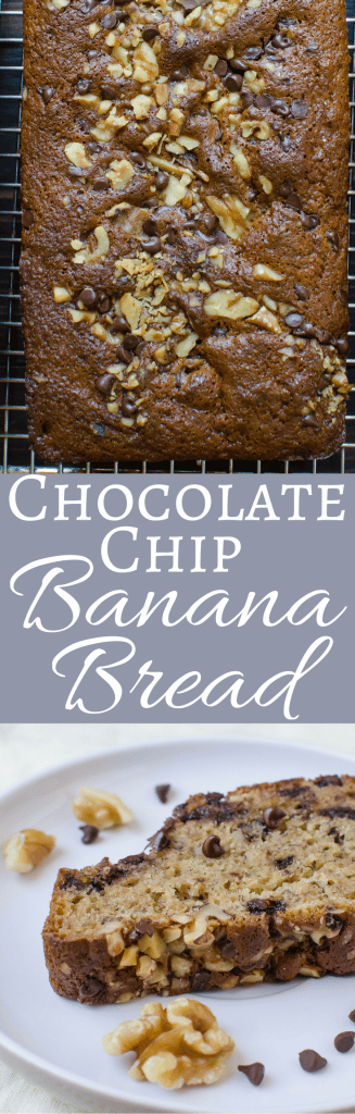 Put your over ripe bananas to good use in this easy low-fat chocolate chip banana bread recipe with crunchy, toasted walnuts! Makes three loaves!