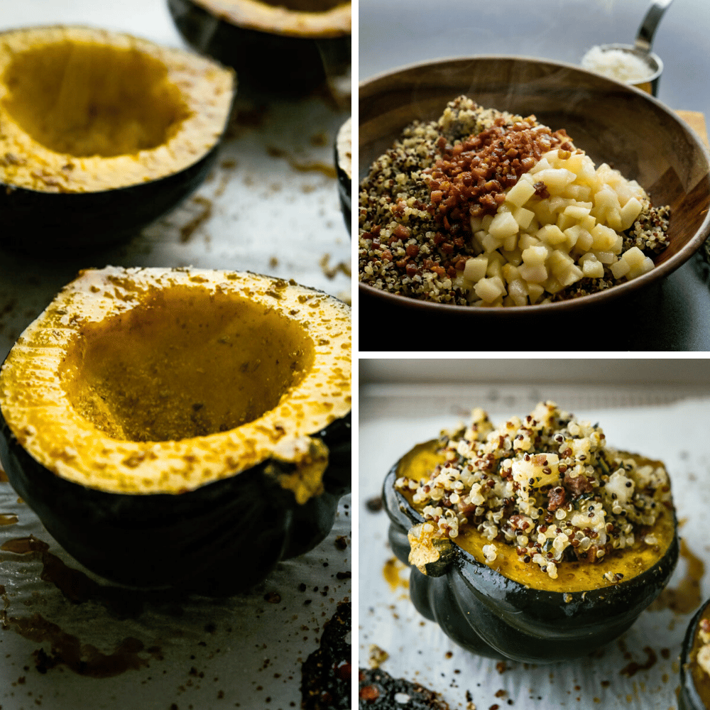par roasted squash being filled with the apple quinoa crispy pancetta stuffing.