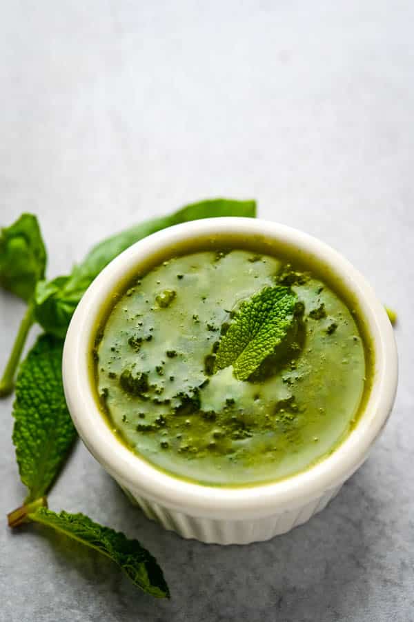 basil herb sauce in a ramekin.