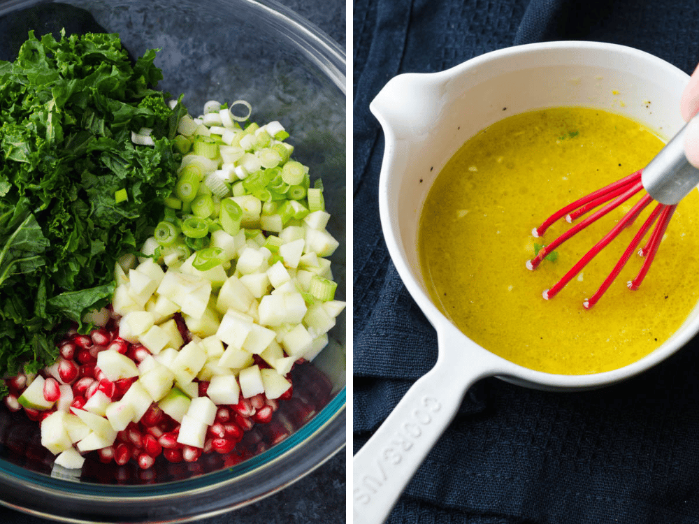 mixing dressing for pomegranate kale salad.
