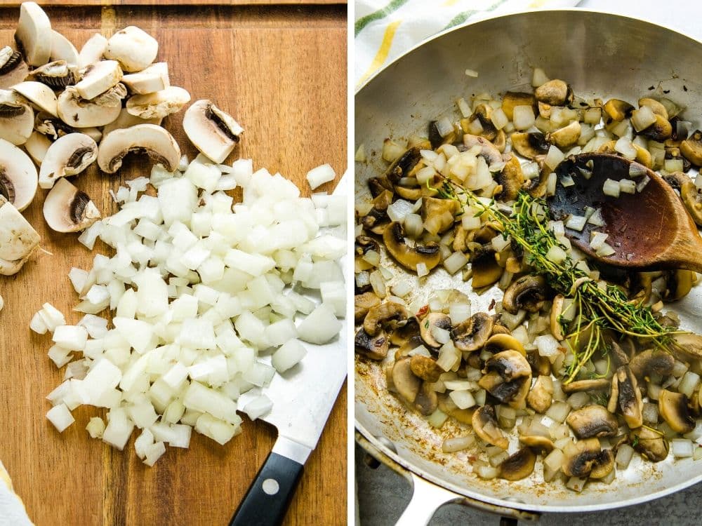 sauteeing mushrooms and onions with thyme.