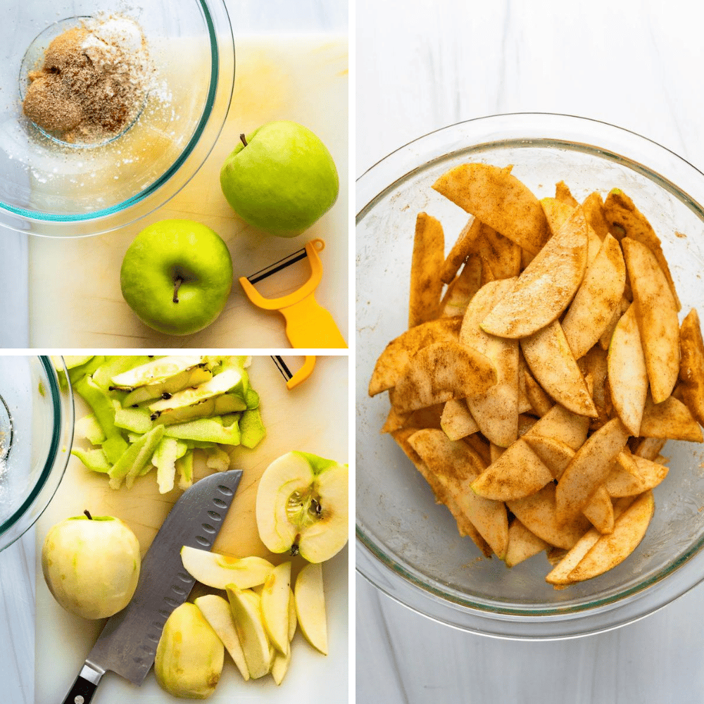 peeling, slicing and spicing Granny Smith apples.