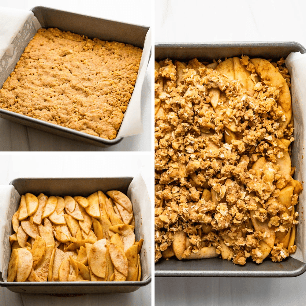 layering the apple bars with oatmeal streusel topping.