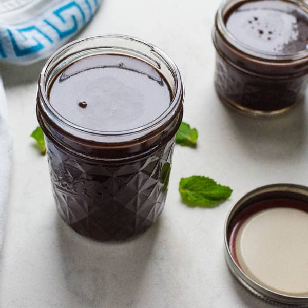 Dark Chocolate Mint Sauce in jars.