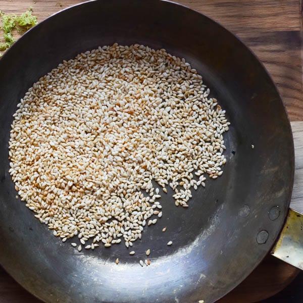 sesame seeds in a pan.