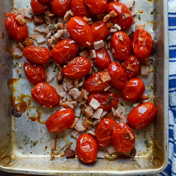Roasted grape tomatoes with diced ham