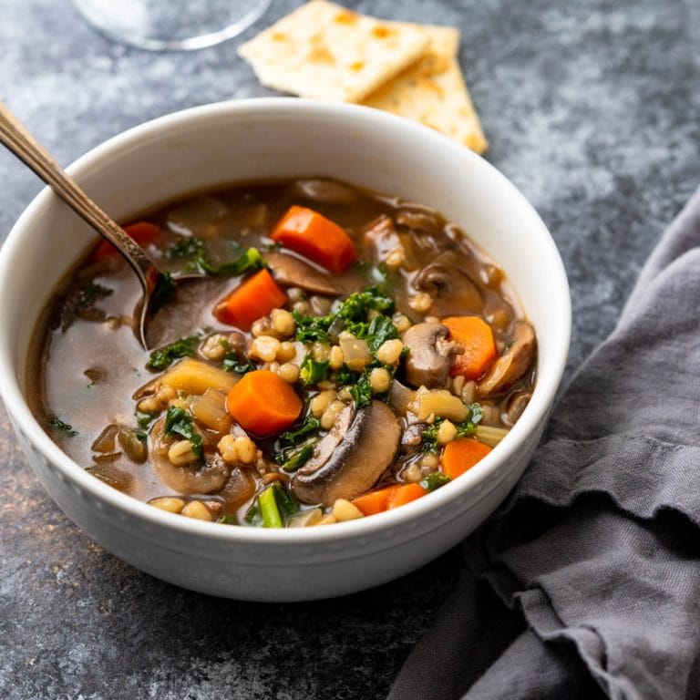 mushroom barley soup in a bowl.