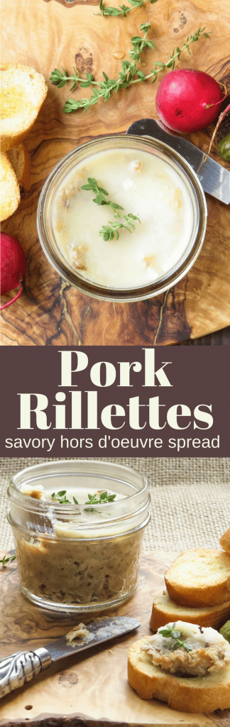 This easy pork pate recipe is a great holiday appetizer and makes enough for a crowd. Perfect for gifting with a sleeve of crackers and bottle of wine. #pate #spread #appetizer #horsdoeuvres #foodgift #hostessgift #pork #cognac #porkshoulder #braisedpork #homemadedip #dips #pottedmeat #rillettes #porkrillettes