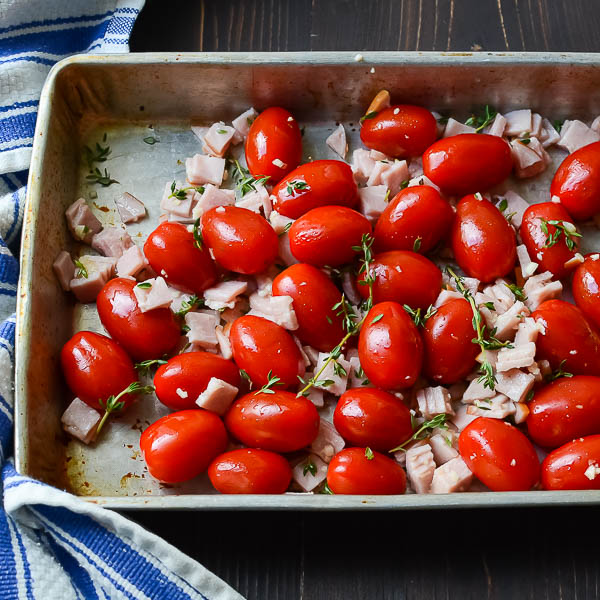 grape tomatoes and diced ham with thyme