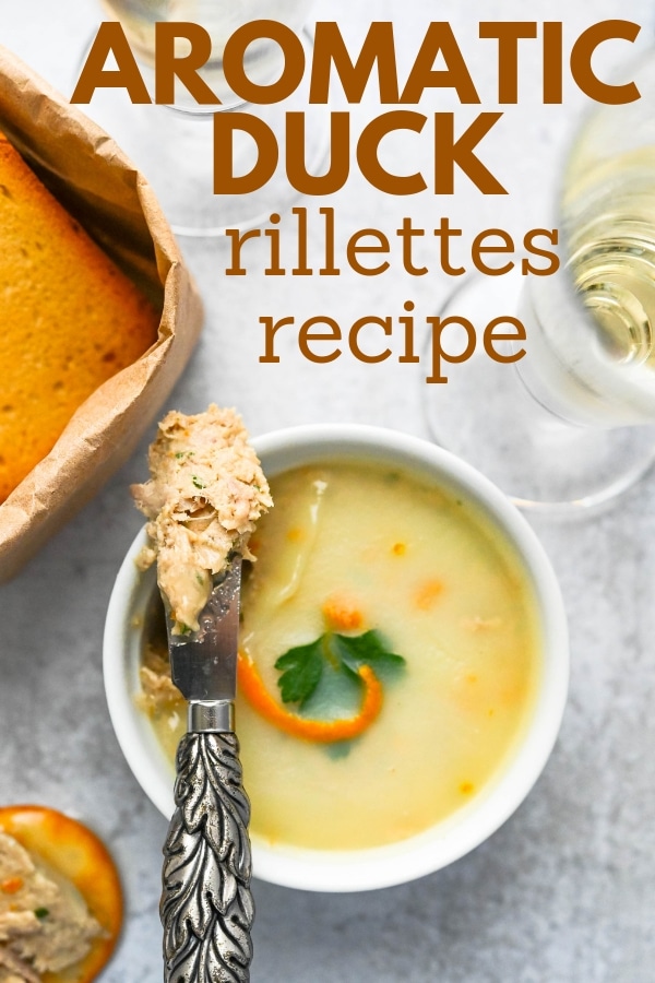 French duck recipes can be intimidating, but this Aromatic Duck Rillettes Recipe isn't. It's a great make ahead appetizer for parties and gifting. #duckrecipes #paterecipe #rillettesrecipe