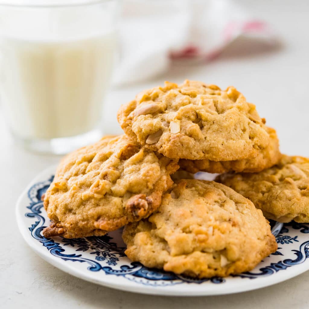 Coconut Almond Cookies on a blue plate.