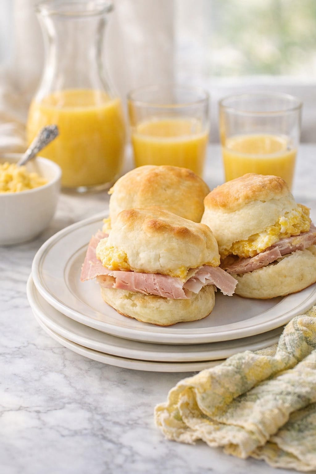 country ham biscuits with apricot butter on a stack of white plates.