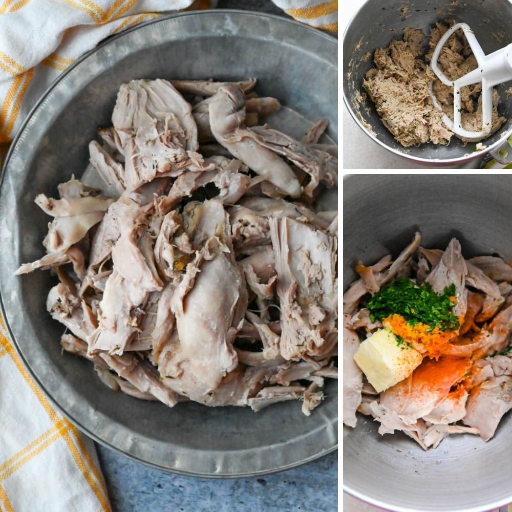 blending duck meat with aromatics and flavorings in the french duck recipe.