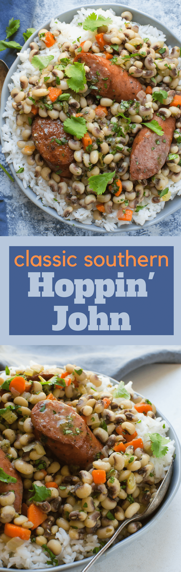 Hoppin' John is a classic New Years Day recipe that's is easy to make and ready in under an hour! Serve with rice for luck and money all year long according to Southern lore. This is the best black eyed pea recipe! #blackeyedpeas #homemadeblackeyedpeas #hoppinjohn #newyearsdayrecipes #newyearsday #legumes #beanrecipes #sausage #kielbasa #rice #onepotmeals
