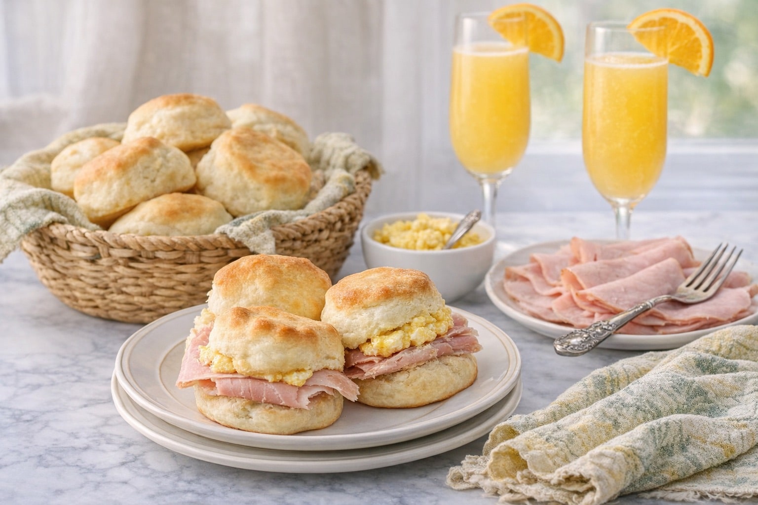 A brunch scene with country ham biscuits, mimosas and scrambled eggs.