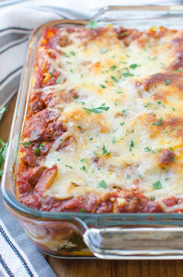 Spicy Sausage and Spinach Lasagna hot from the oven.