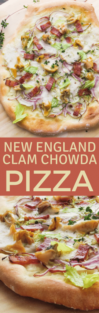 A twist on clam chowder, New England Clam Chowda Pizza has all the goodness of the classic chowder on a piping hot crust! Fresh clams, bacon and potatoes add authentic flavor. #pizzarecipe #newenglandclamchowder #clamchowderpizza #chowder #seafoodpizza #clampizza #bacon #potatoes #homemadepizza #whitepizza #potatoes #celeryleaves #redonions #seafood #shellfish #littleneckclams #middleneckclams #seafoodbechamel #seafoodsauce 