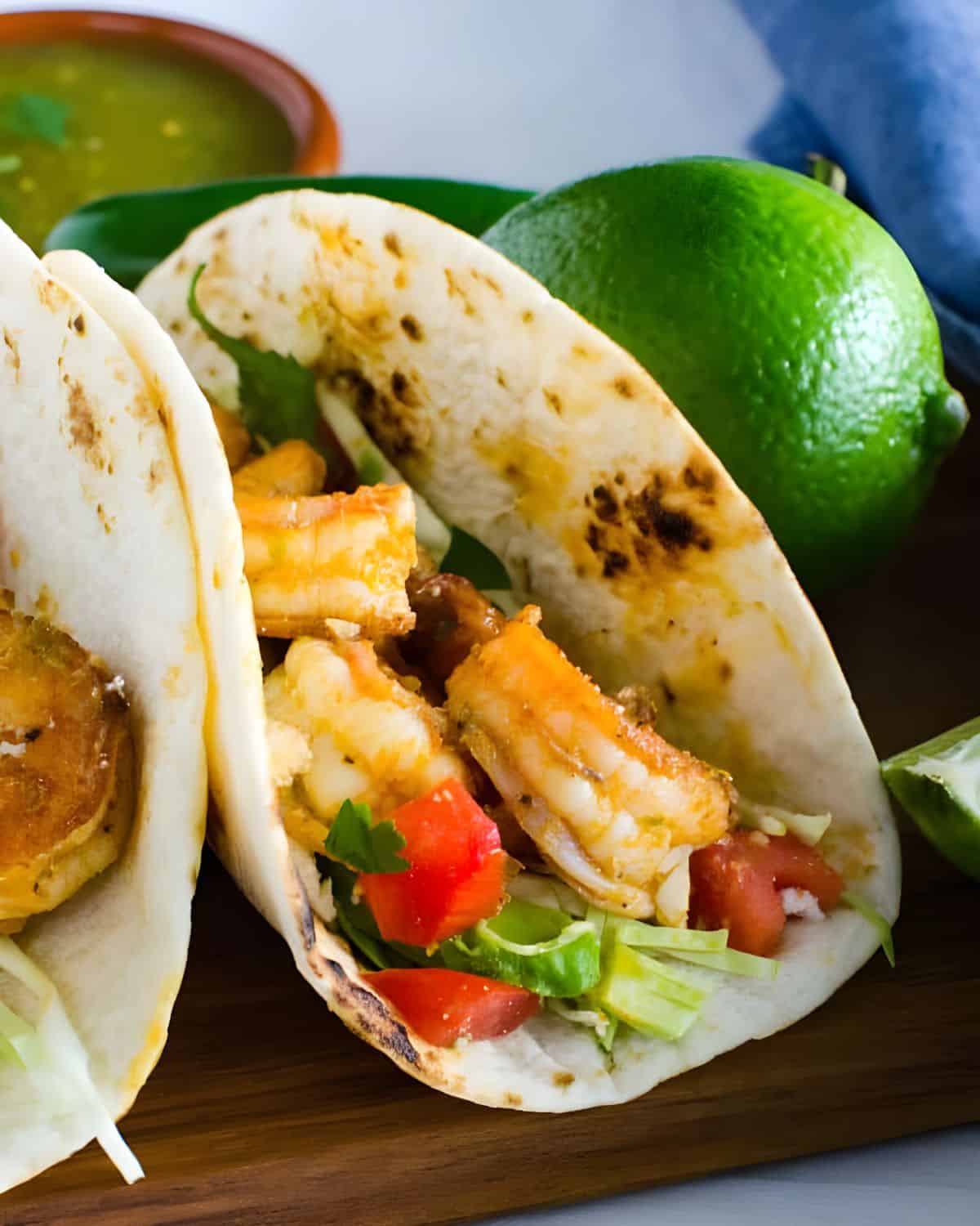 Shrimp tacos with lime and tomatoes.