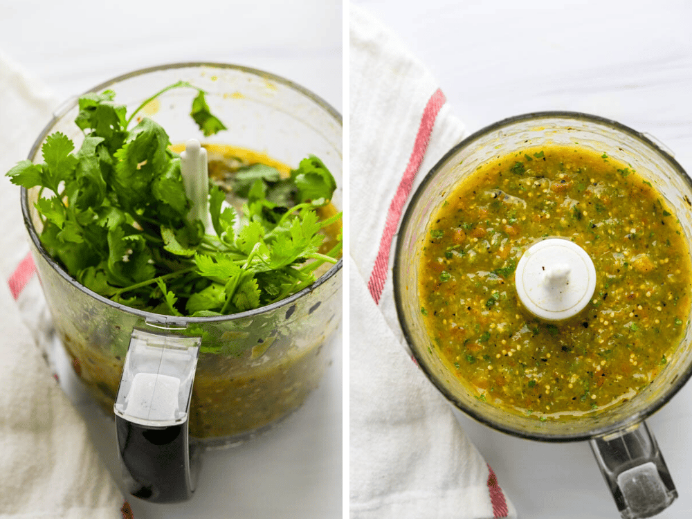 adding fresh cilantro and lime juice to the charred salsa verde.