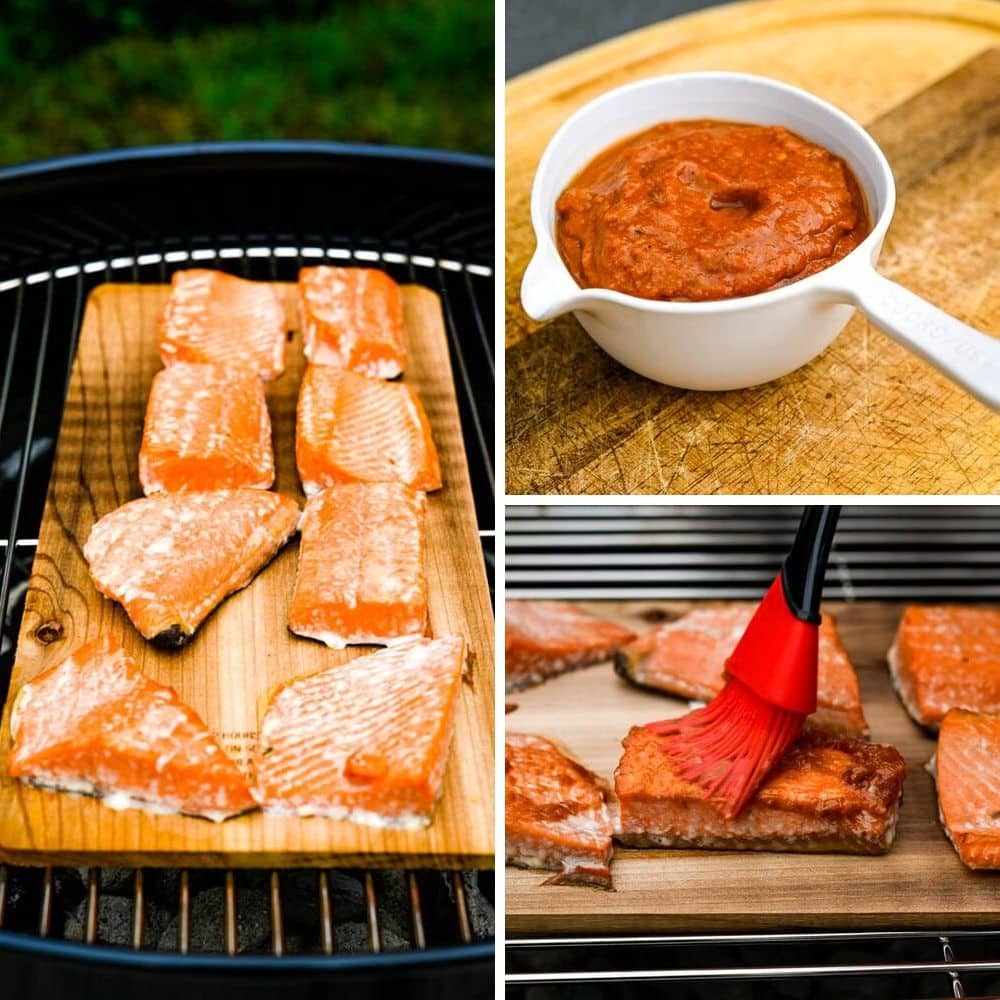 using cedar planks for smoking the fish and brushing the cedar plank salmon recipe with BBQ sauce.