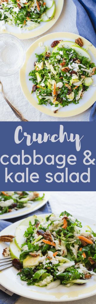 This easy kale salad is healthy, delicious and far from ordinary! Crunchy Cabbage and Kale Salad has pancetta, feta, toasted pecans and dried cranberries and an easy dressing recipe for kale salad that you'll want to put on everything! #kale #cabbage #poppyseeddressing #kalesalad #easykalesalad #feta #cranberries #pecans #kalesaladrecipe #kalecabbagesalad #cabbagekalesalad