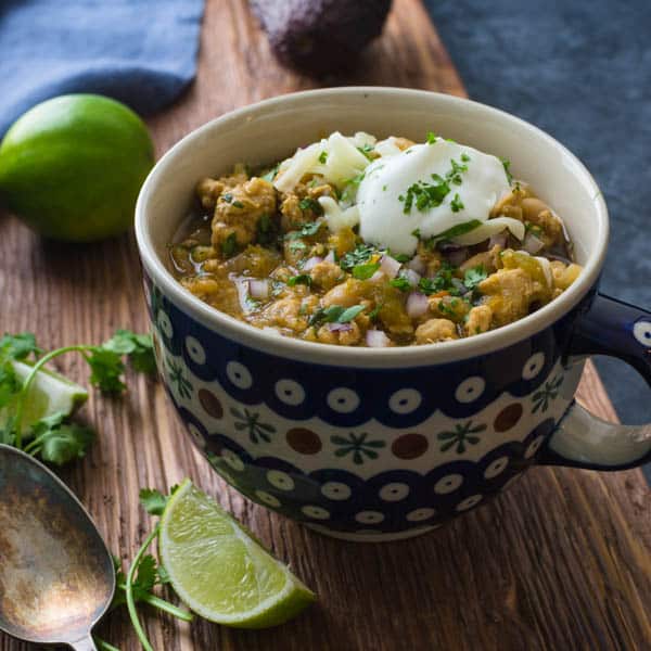 Game day chili is loaded with hatch green chile for a great spicy turkey chili recipe.