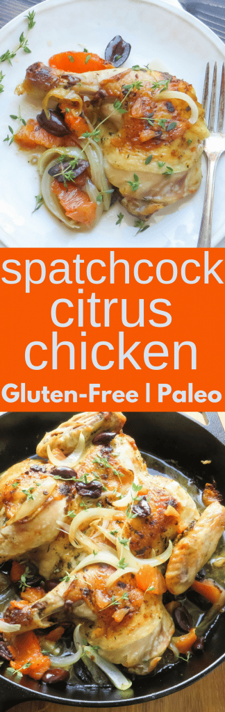Need an easy one pan meal? This Spatchcock Citrus Chicken recipe is gluten free, paleo & delicious with fresh citrus, kalamata olives, onions & herbs! #chicken #onepanmeal #onepan #easychicken #spatchcock #spatchcockchicken #oranges #citrus #olives #paleo #glutenfree #paleomeals #glutenfreemeals